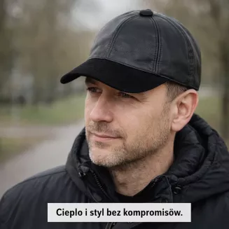 Czarna skórzana bejsbolówka ocieplana uniseks  – Polar Fashion K299B - 6