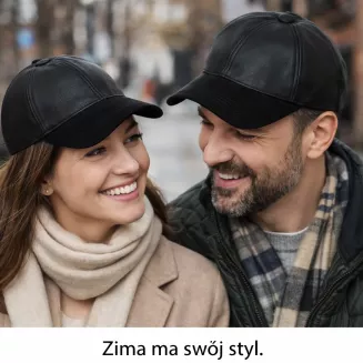 Czarna skórzana bejsbolówka ocieplana uniseks  – Polar Fashion K299B - 7