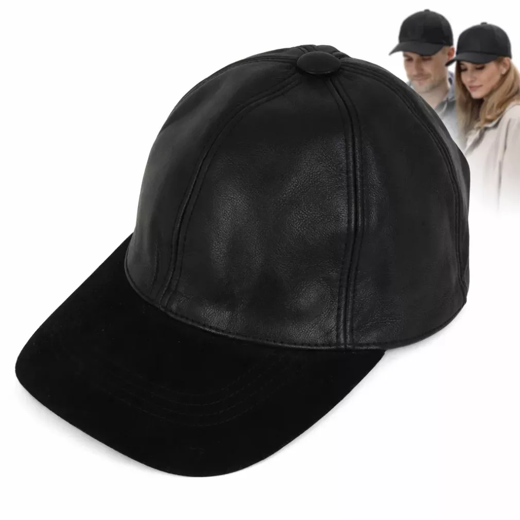 Czarna skórzana bejsbolówka ocieplana uniseks  – Polar Fashion K299B
