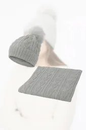 Damski Komplet Zimowy Szary W362CK Ocieplana Czapka + Szalik Polar Fashion