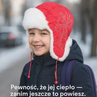 Czerwona Ciepła dziecięca czapka uszatka Zimowa pilotka W146B - 4