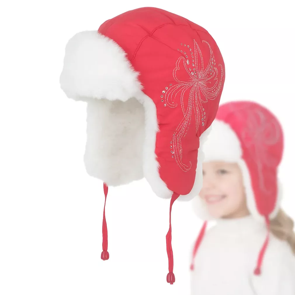 Czerwona Ciepła dziecięca czapka uszatka Zimowa pilotka W146B