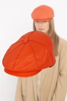 Skórzany kaszkiet unisex K233C – pomarańczowy, ocieplany, od Polar Fashion - 7