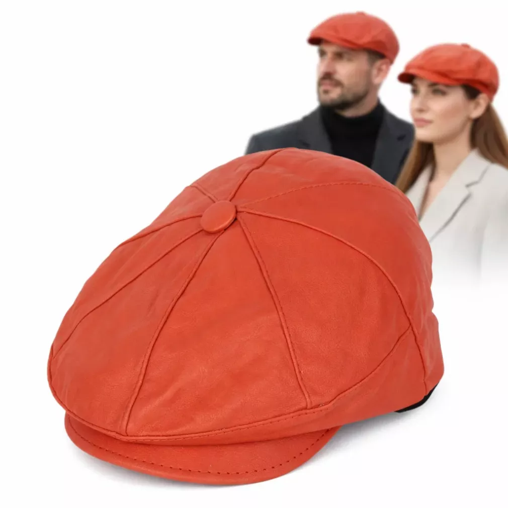 Skórzany kaszkiet unisex K233C – pomarańczowy, ocieplany, od Polar Fashion