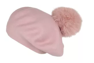 Pudrowo-różowy beret damski z odpinanym pomponem z jenota Polar Fashion W503M - 3