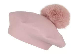 Pudrowo-różowy beret damski z odpinanym pomponem z jenota Polar Fashion W503M - 4