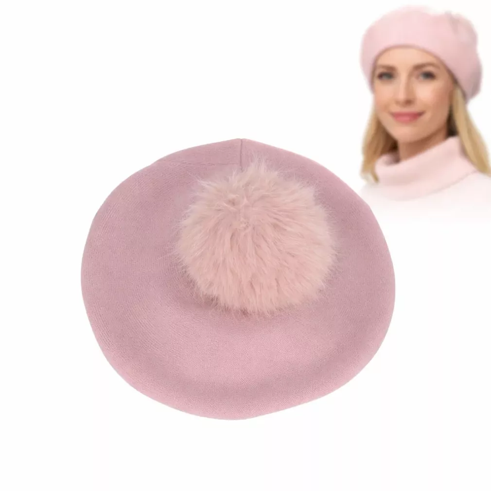 Pudrowo-różowy beret damski z odpinanym pomponem z jenota Polar Fashion W503M