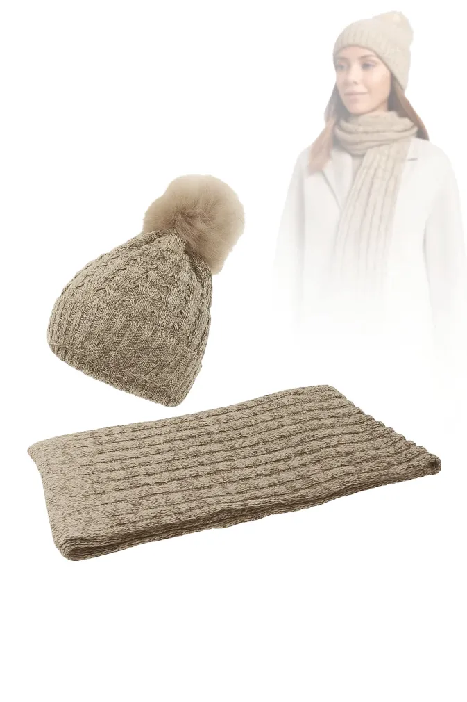 Damski Komplet Zimowy Beżowy W364BK – Ocieplana Czapka + Szal Polar Fashion