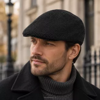 Kaszkiet Męski Grafitowo-Czarny Jodełka Ocieplany z Wełną Flat Cap K318F - 2