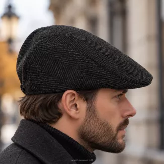 Kaszkiet Męski Grafitowo-Czarny Jodełka Ocieplany z Wełną Flat Cap K318F - 3