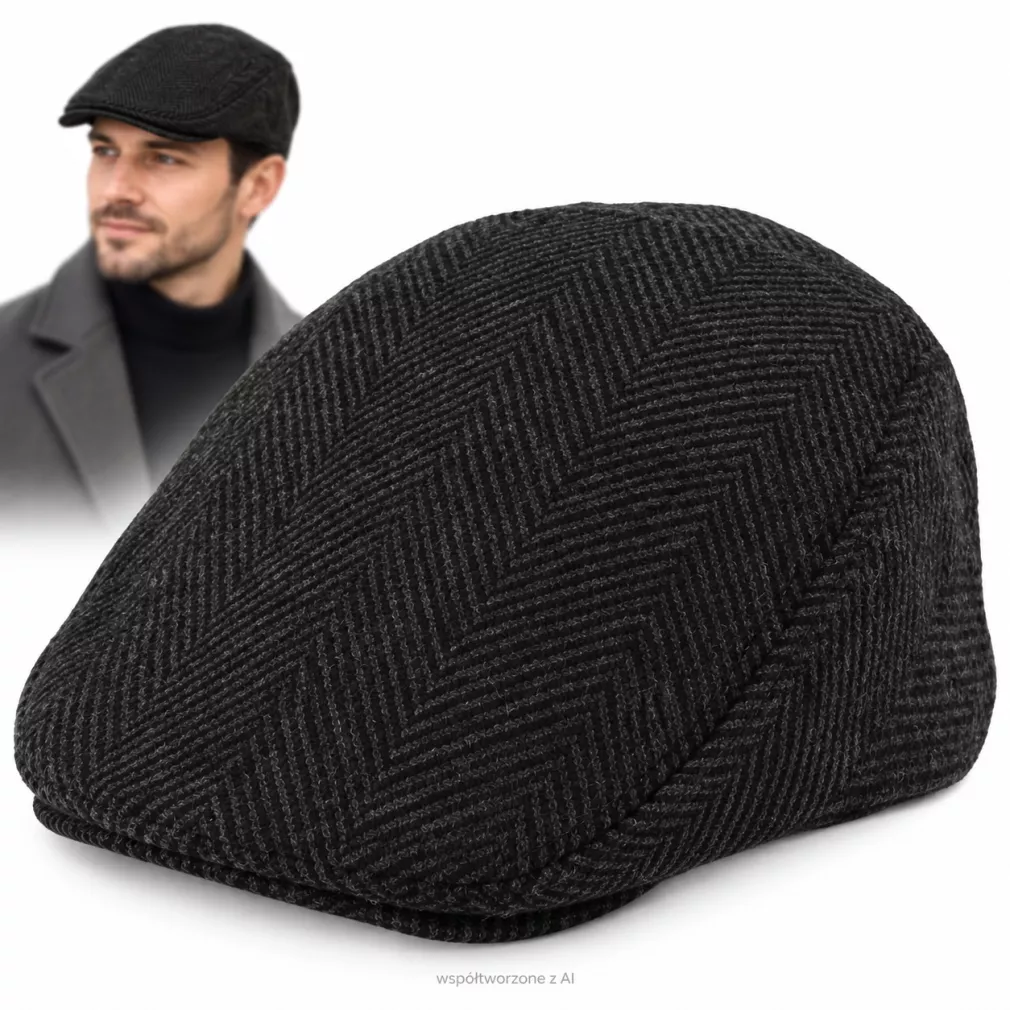 Kaszkiet Męski Grafitowo-Czarny Jodełka Ocieplany z Wełną Flat Cap K318F