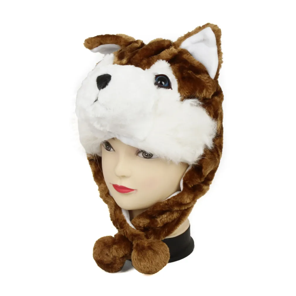 W216H Husky brązowy Ciepła czapka zimowa zwierzak uszatka zapinana pod szyję