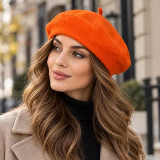 Beret Damski Pomarańczowy Wełniany 100% Wełna Klasyczny Elegancki W340Z - 2