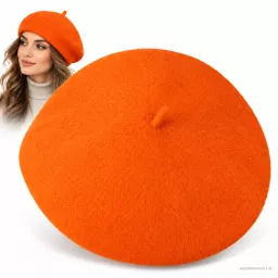 Beret Damski Pomarańczowy Wełniany 100% Wełna Klasyczny Elegancki W340Z