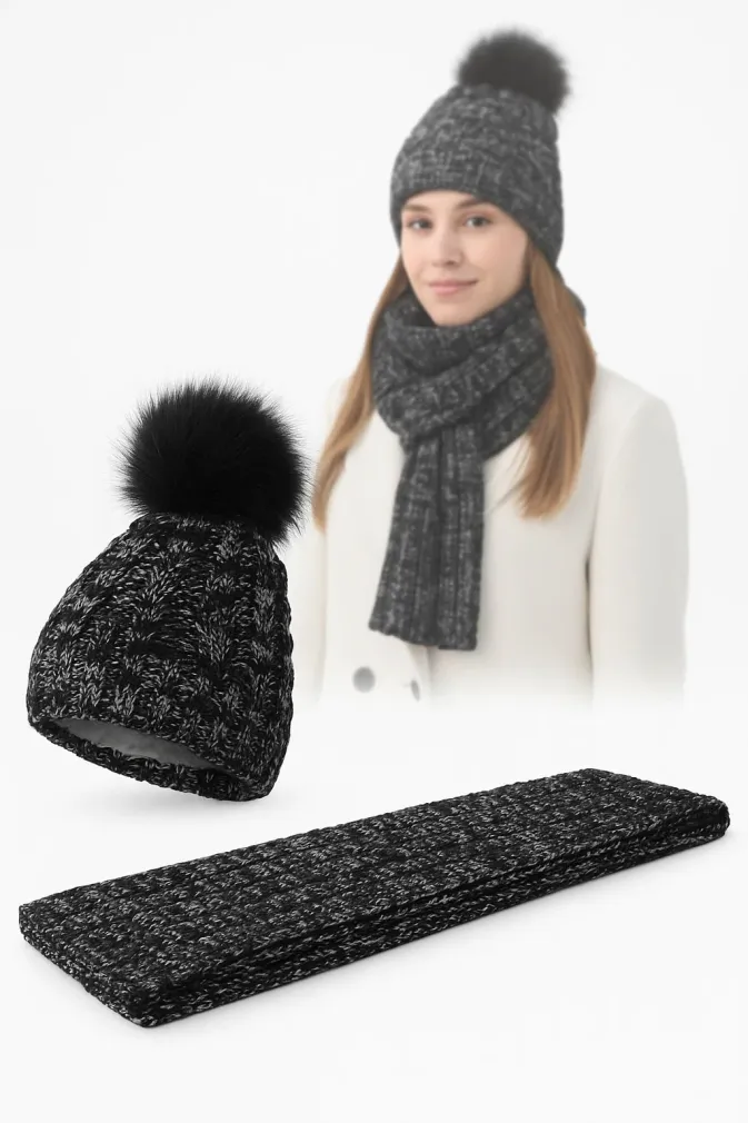 W364Dk Black Haker Women'S Winter Set Knitted Hat With Scarf