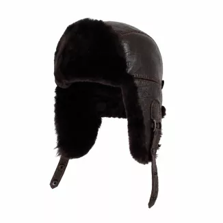 Brązowa Czapka Zimowa Ocieplana Futerkiem Skórzana Pilotka Uszatka W532P Unisex - 4