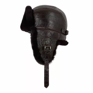 Brązowa Czapka Zimowa Ocieplana Futerkiem Skórzana Pilotka Uszatka W532P Unisex - 6