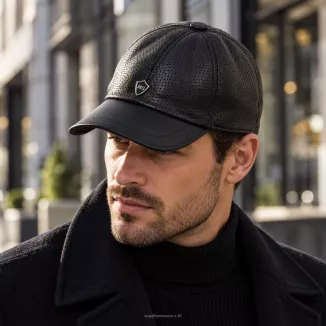 Czapka z Daszkiem Bejsbolówka Skóra Naturalna Czarna Unisex K319I - 3