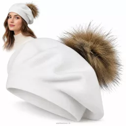 Zimowy Beret Damski Biały z Dużym Pomponem Naturalny Jenot Elegancki W534A