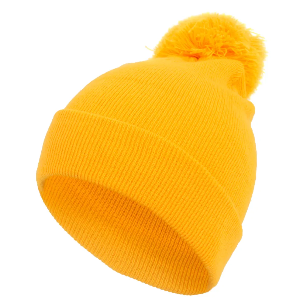 W319R Dark Yellow Winter Hat Beanie Dwarf Smooth With Neon Pompon Hacker