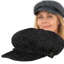 Kaszkiet Damski K291H  Czarno-Szary w Jodełkę z Łańcuszkiem Polar Fashion