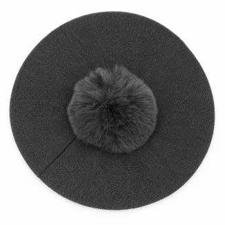 Beret Damski Grafitowy z  Pomponem ze Sztucznego Futra Polar Fashion W537E - 5
