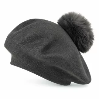 Beret Damski Grafitowy z  Pomponem ze Sztucznego Futra Polar Fashion W537E - 6