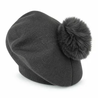 Beret Damski Grafitowy z  Pomponem ze Sztucznego Futra Polar Fashion W537E - 7