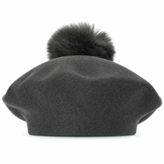Beret Damski Grafitowy z  Pomponem ze Sztucznego Futra Polar Fashion W537E - 8