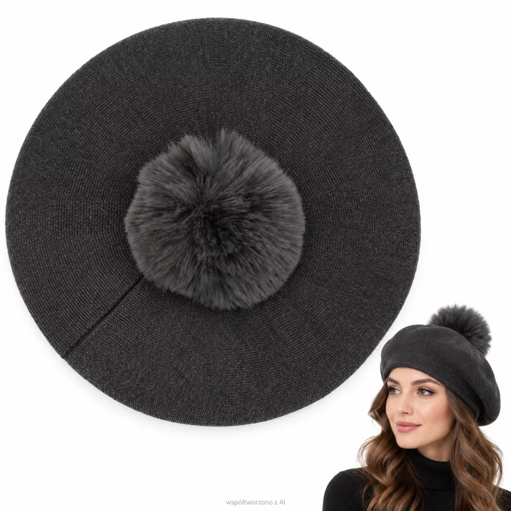 Beret Damski Grafitowy z  Pomponem ze Sztucznego Futra Polar Fashion W537E