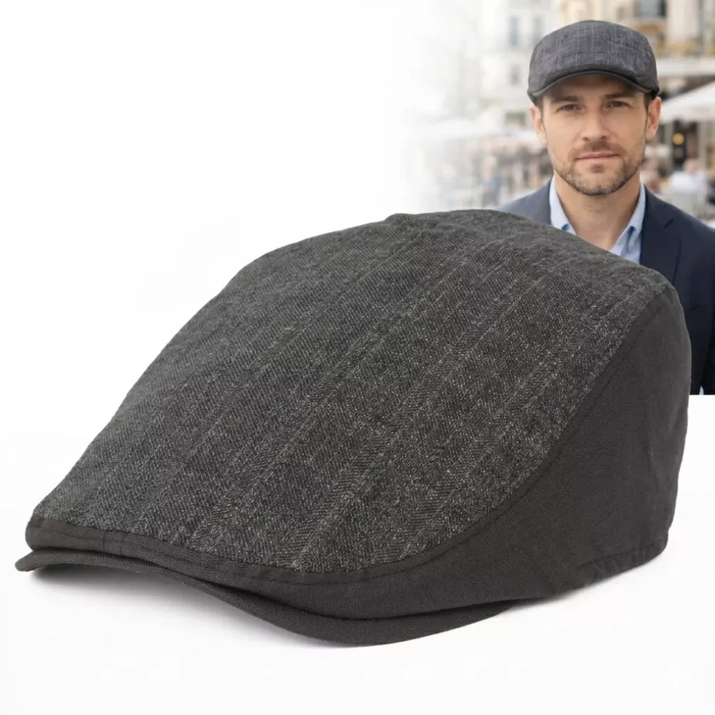 Kaszkiet Męski Ciemny Brąz Lniany Flat Cap Letni Lekki Czapka 57-60cm K309H
