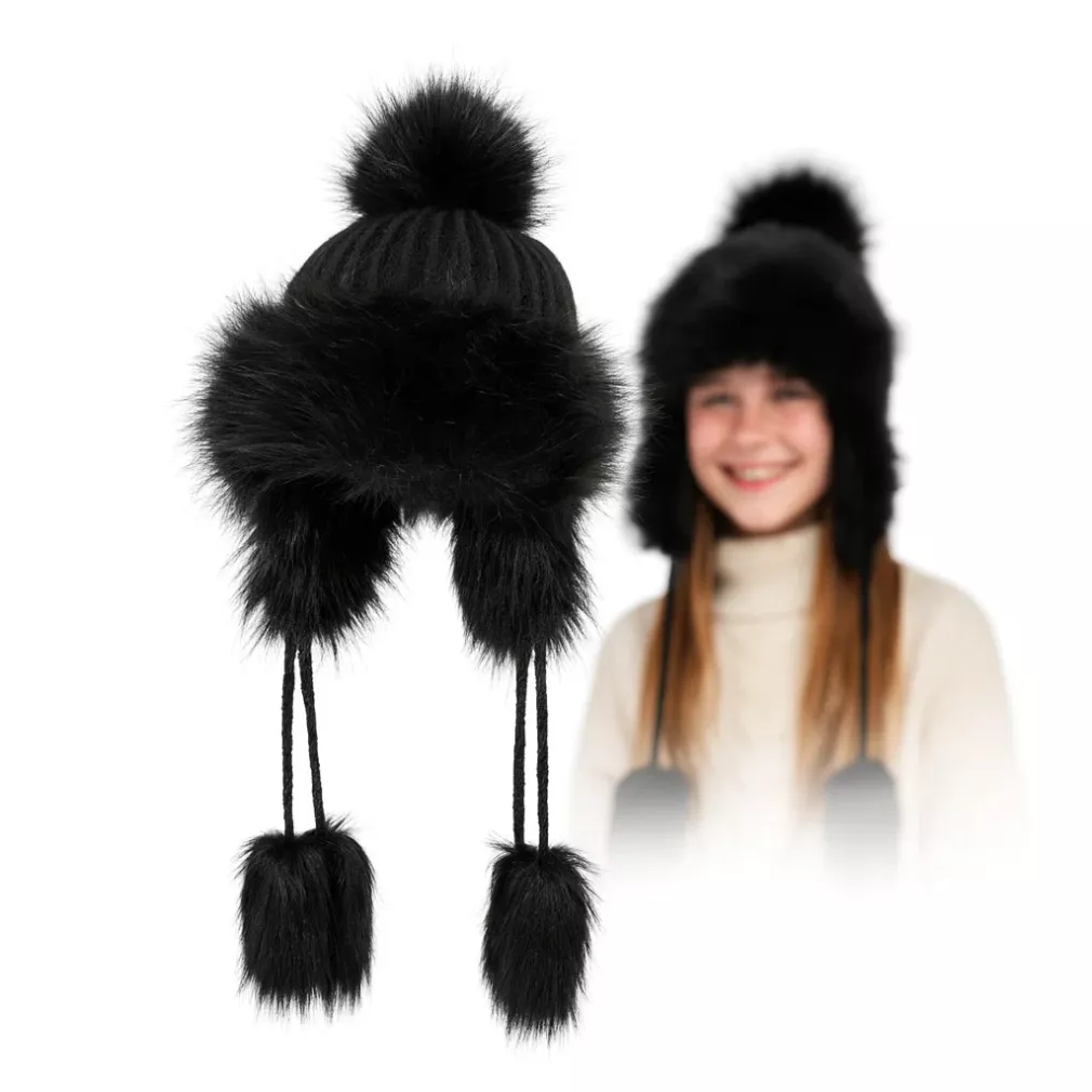 Dziewczęca czapka Bajka uszatka W210A czarna ciepła mongołka z futrem Polar Fashion