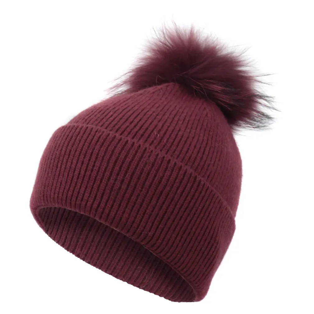 W373E Bordowa Polar Fashion czapka zimowa kaszmir wełna akryl pompon z jenota