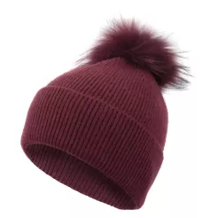 W373E Bordowa Polar Fashion czapka zimowa kaszmir wełna akryl pompon z jenota