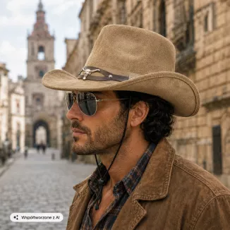 KAPELUSZ KOWBOJSKI BRĄZOWY WESTERN + OKULARY AVIATOR ZESTAW UNISEX R254G - 5