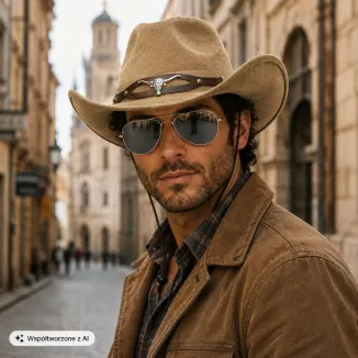 KAPELUSZ KOWBOJSKI BRĄZOWY WESTERN + OKULARY AVIATOR ZESTAW UNISEX R254G - 2