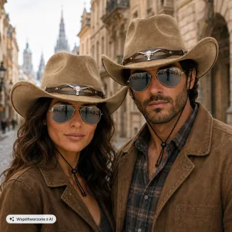 KAPELUSZ KOWBOJSKI BRĄZOWY WESTERN + OKULARY AVIATOR ZESTAW UNISEX R254G - 12