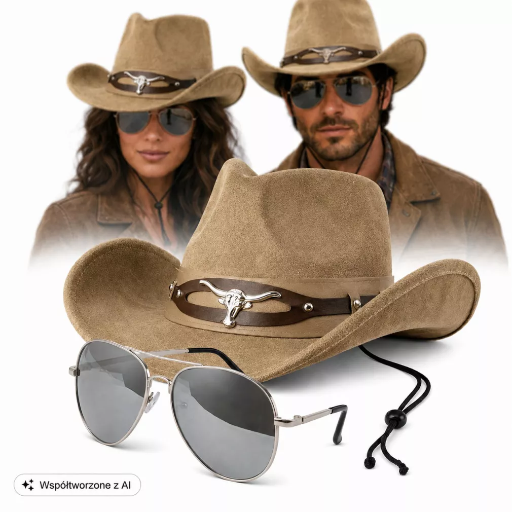 KAPELUSZ KOWBOJSKI BRĄZOWY WESTERN + OKULARY AVIATOR ZESTAW UNISEX R254G