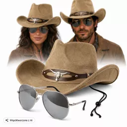KAPELUSZ KOWBOJSKI BRĄZOWY WESTERN + OKULARY AVIATOR ZESTAW UNISEX R254G