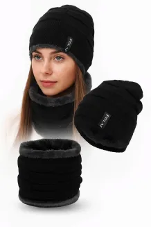 W394A Czarny Ciepły zimowy komplet czapka i komin z futerkiem polarowym Polar Fashion® - 10