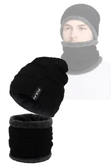 W394A Czarny Ciepły zimowy komplet czapka i komin z futerkiem polarowym Polar Fashion® - 11