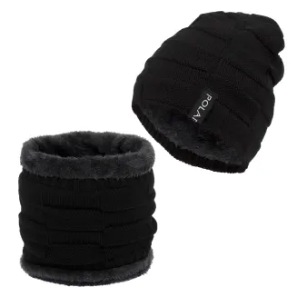 W394A Czarny Ciepły zimowy komplet czapka i komin z futerkiem polarowym Polar Fashion® - 2